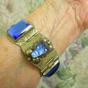 Vintage TAXCO Sterling Silver Aztec Warrior Blue Glass ~ 925 Blue Bracelet